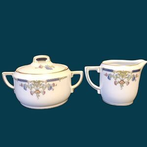 Hutschenreuther Selb HUT6 Floral‎ & Swag Flat Sugar & Creamer Set 1920's Antique